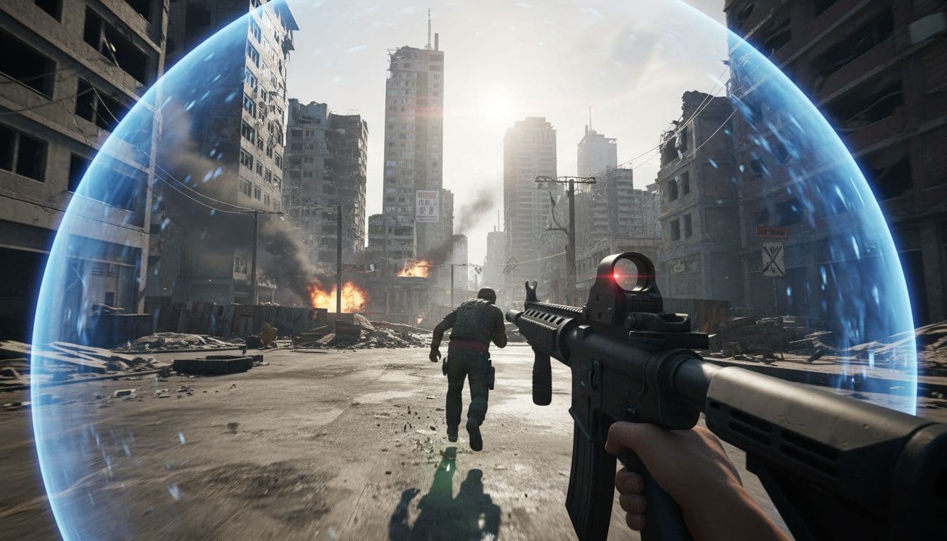 First-person view of player running and aiming amid crowded urban map with shrinking circle.