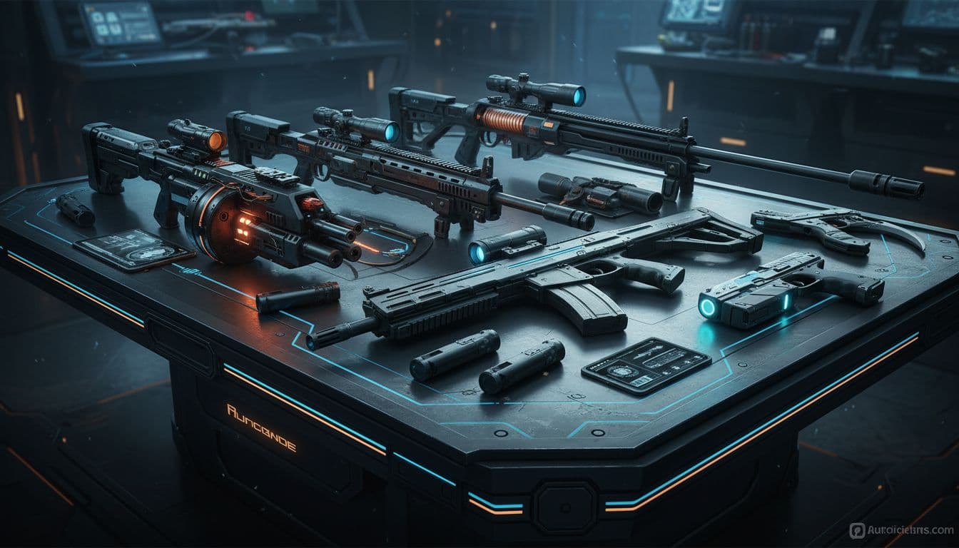 Five futuristic guns, rifles, and pistols with customization parts on a high-tech table in a sci-fi armory.