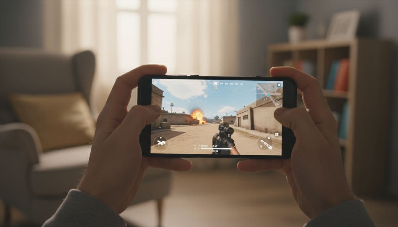 Person holds midrange Android phone playing smooth FPS battle royale game in softly lit home room.
