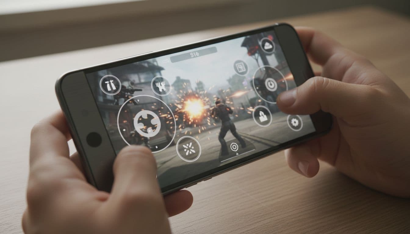 Two hands hold Android phone at angle on desk, screen blurred showing Shadowgun Legends shootout with touch controls overlay.