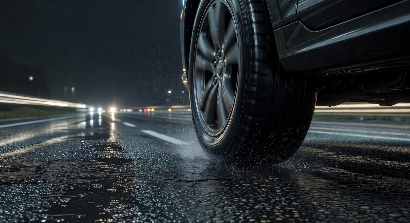 A close-up view captures a textured black car tire gripping slick, rain-dampened asphalt during the nighttime. Slight motion blur conveys forward movement while the tread pattern remains the primary focus point.