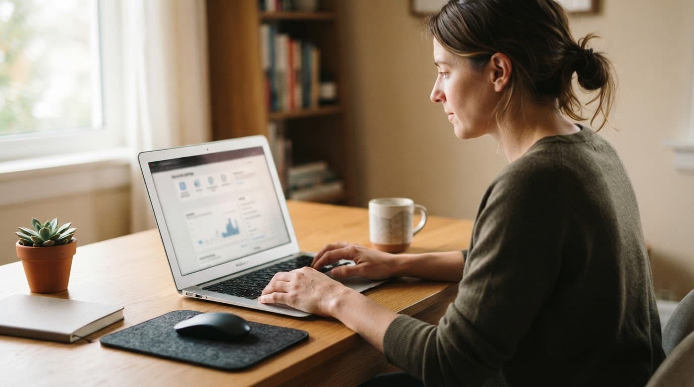 Person reviewing account security on a laptop at a clean wooden desk.