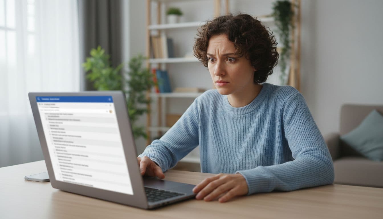 Person in home office looks confused at laptop screen showing search results with multiple similar domains.