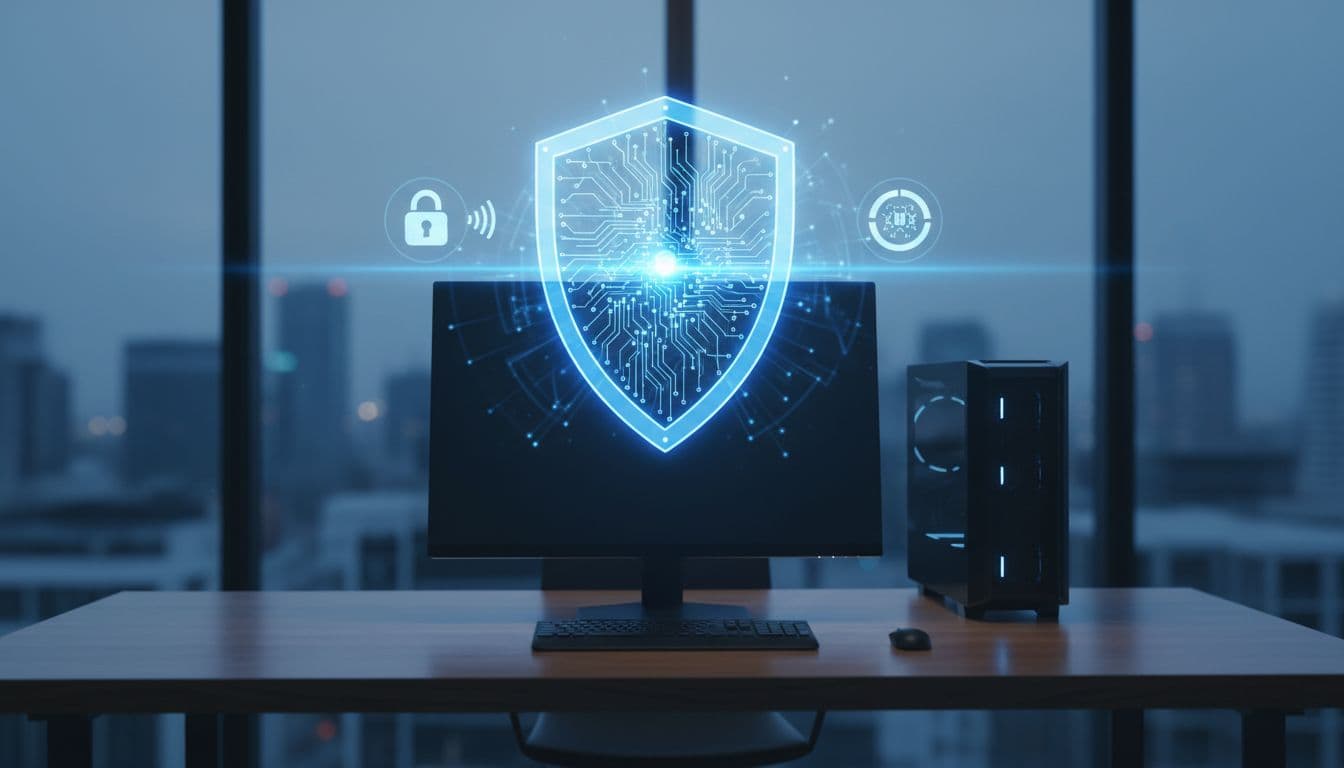 Desktop computer on desk with large glowing blue digital shield hovering above and padlock, antivirus icons nearby.