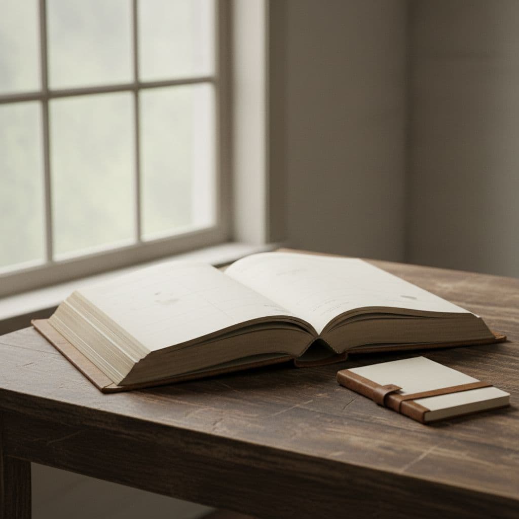 An open and mostly empty vintage ledger book rests on a wooden desk bathed in soft natural light.