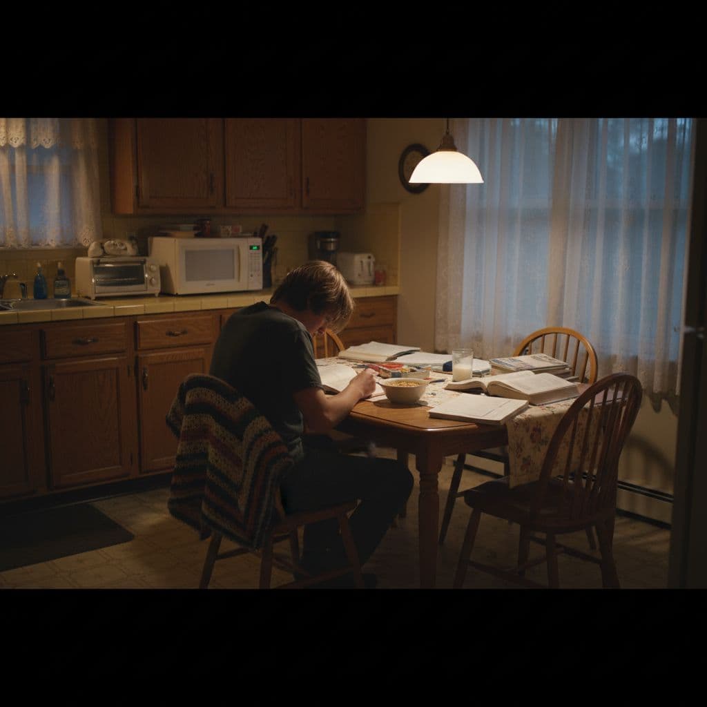 A solitary child works on schoolwork at a kitchen table in a dimly lit 1980s home.