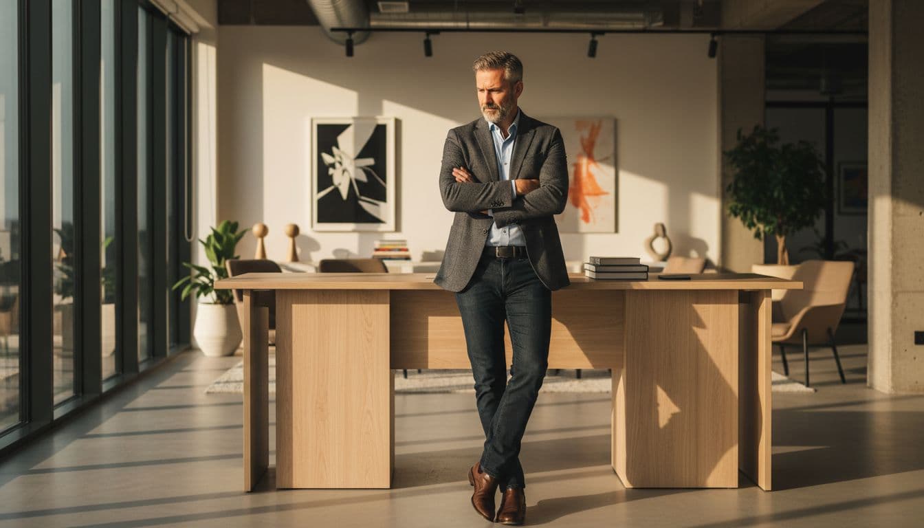 A person in their late forties leans against a desk looking thoughtful in a sunlit office.