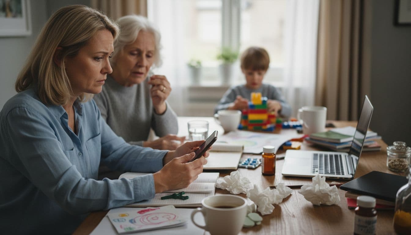 A stressed person sits at a cluttered dining table juggling phone use, elder care, and child supervision.