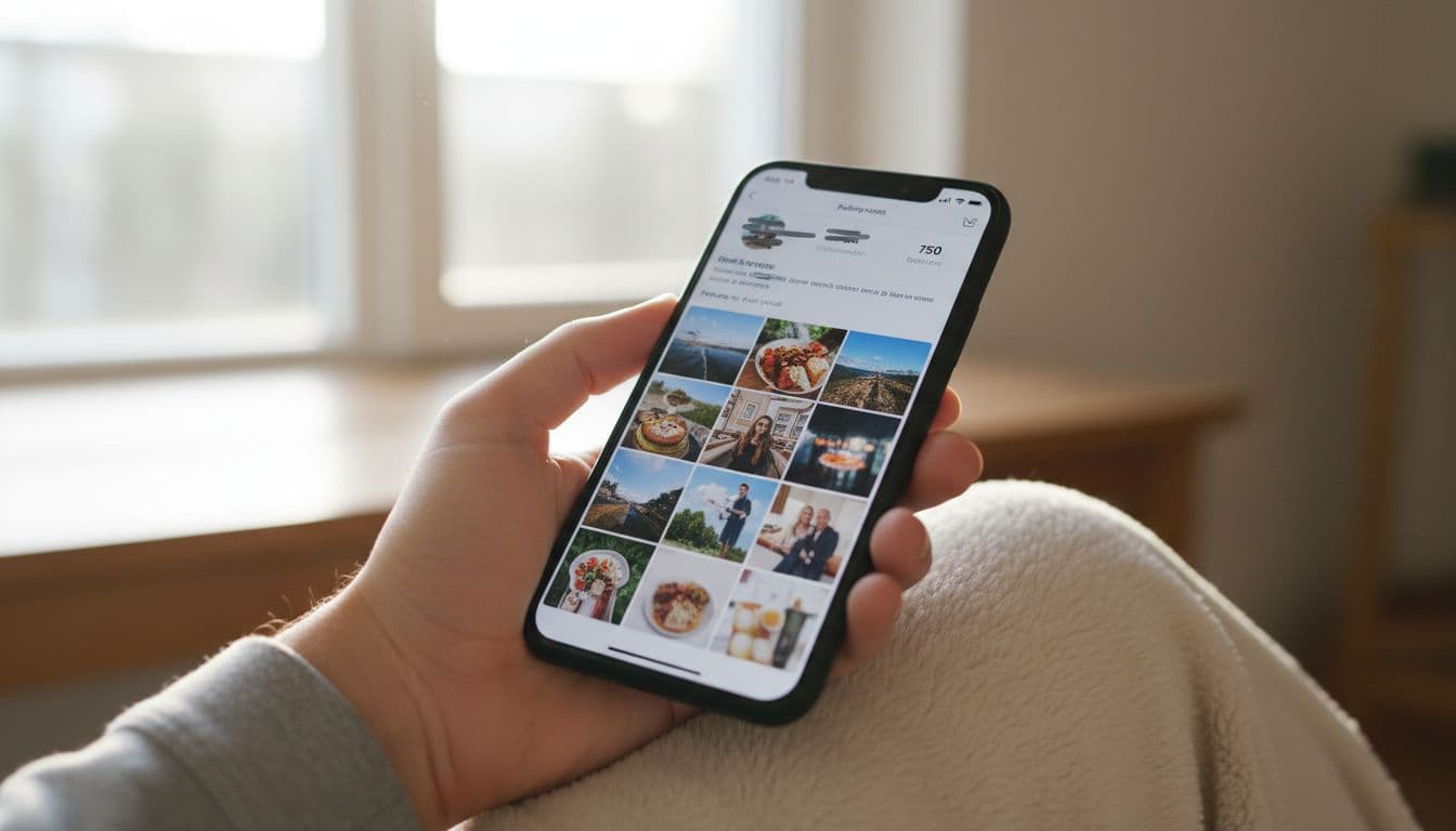 Hand casually holds smartphone displaying Instagram-style profile with photo grid, follower counts, and bio, resting on knee.