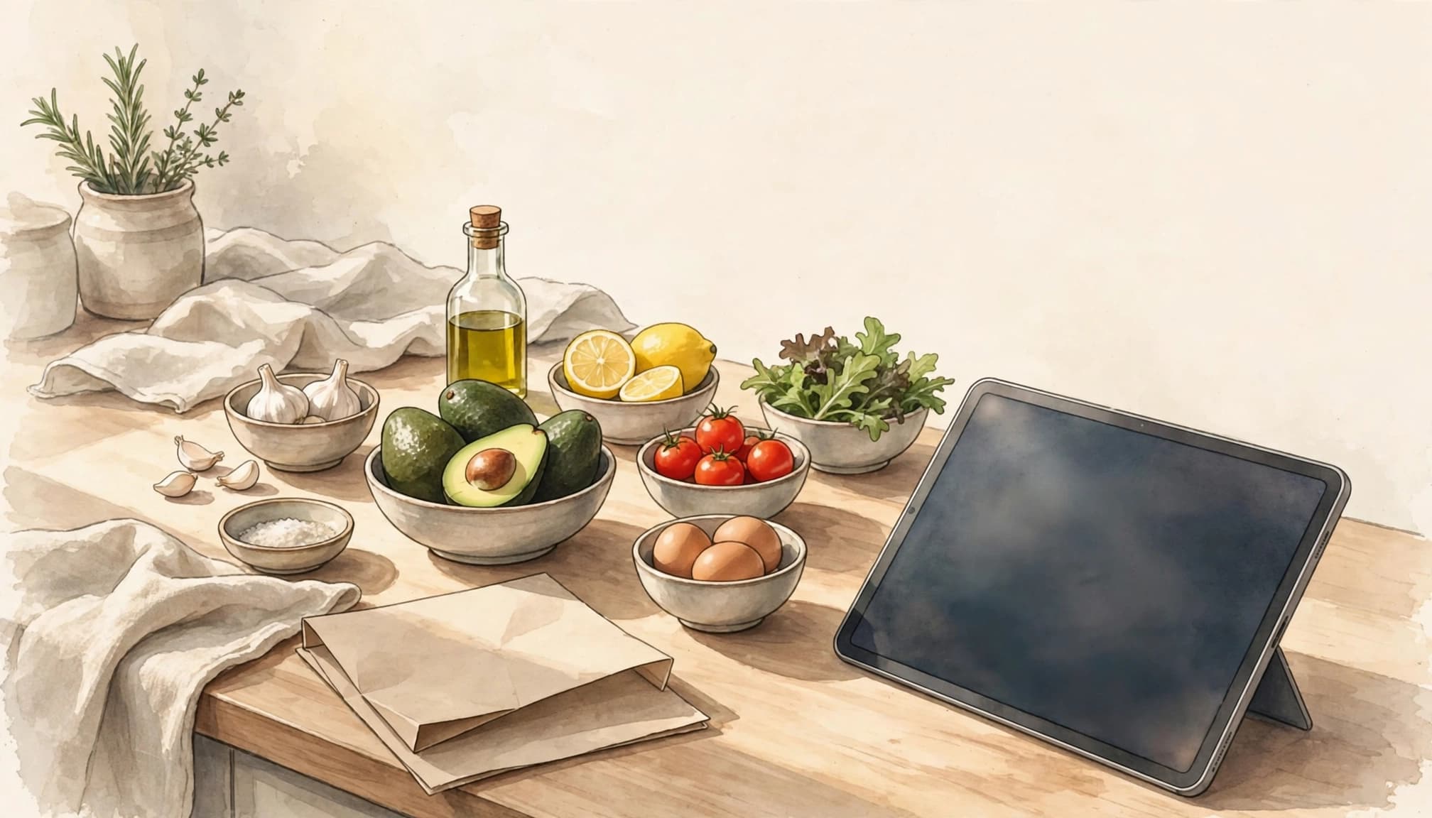 A cozy kitchen counter with bowls of ingredients, a tablet, and a folded paper.