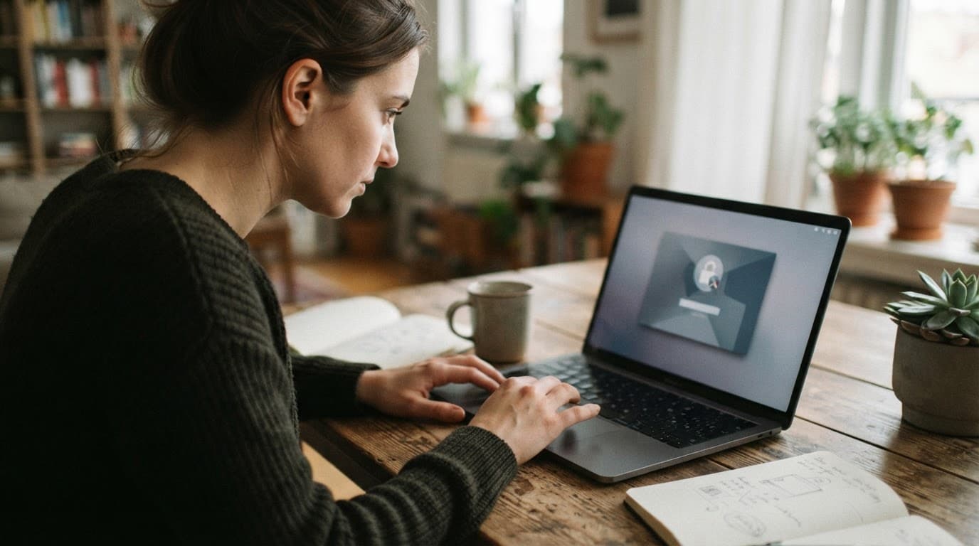 A person troubleshoots a laptop showing a login error at a wooden desk.
