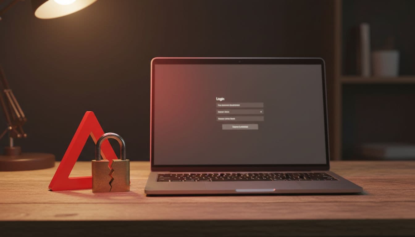 Laptop on wooden desk next to red warning triangle and cracked padlock, screen shows blurred login form in dim light.