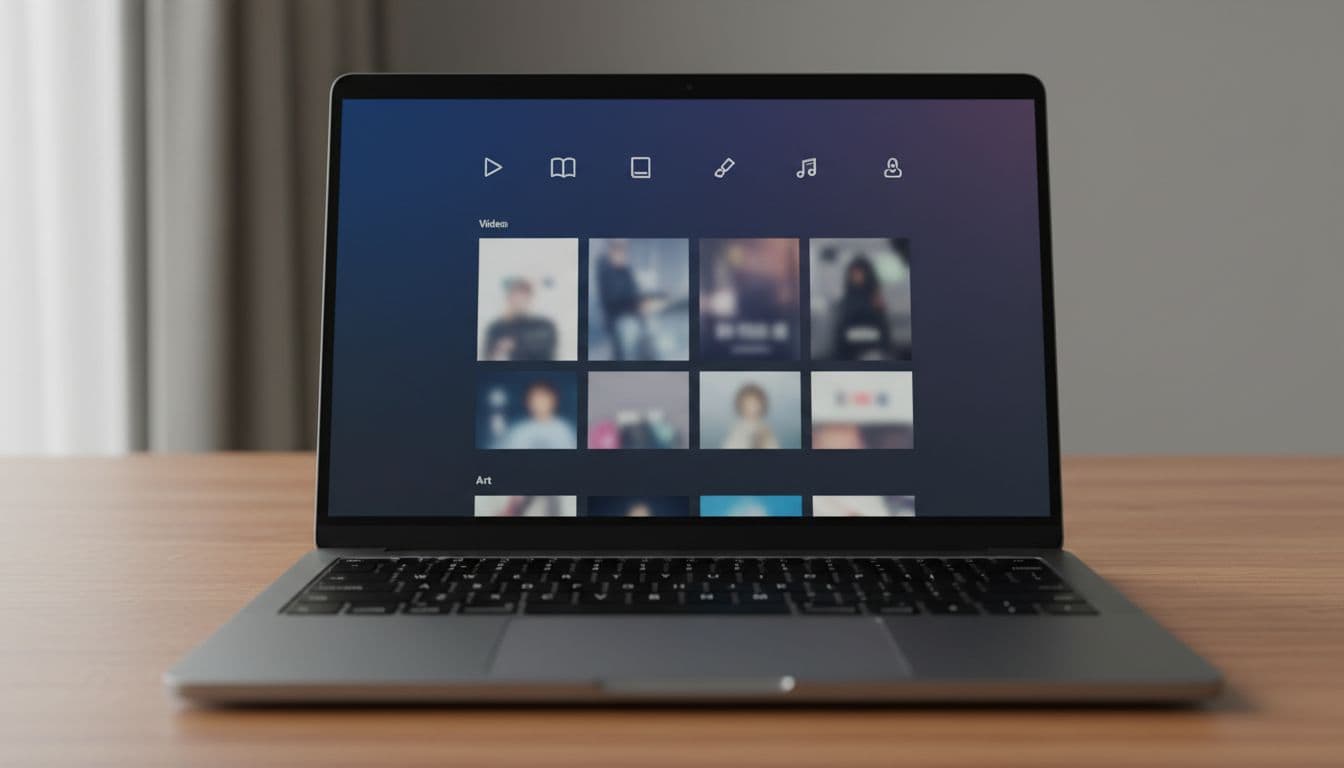 Laptop on wooden desk shows clean website with simple nav bar, media category icons, and blurred thumbnail grid on dark background.