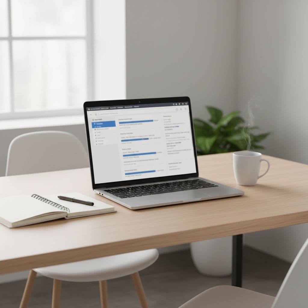 A laptop showing blurred search results sits on a desk next to a coffee mug and notebook.