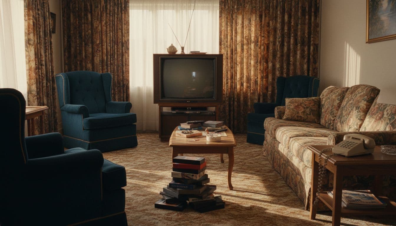 A sunlit, cluttered living room featuring a bulky CRT television and a stack of VHS tapes.