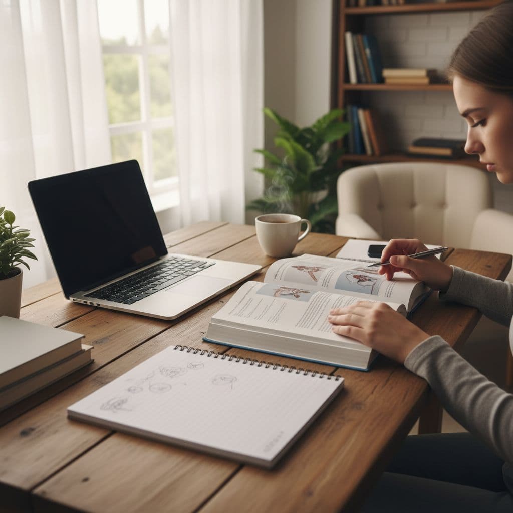 A focused nursing student sits at a tidy wooden desk, carefully reviewing hand-written notes and an open textbook. Soft sunlight filters through the nearby window, creating a peaceful environment for learning.