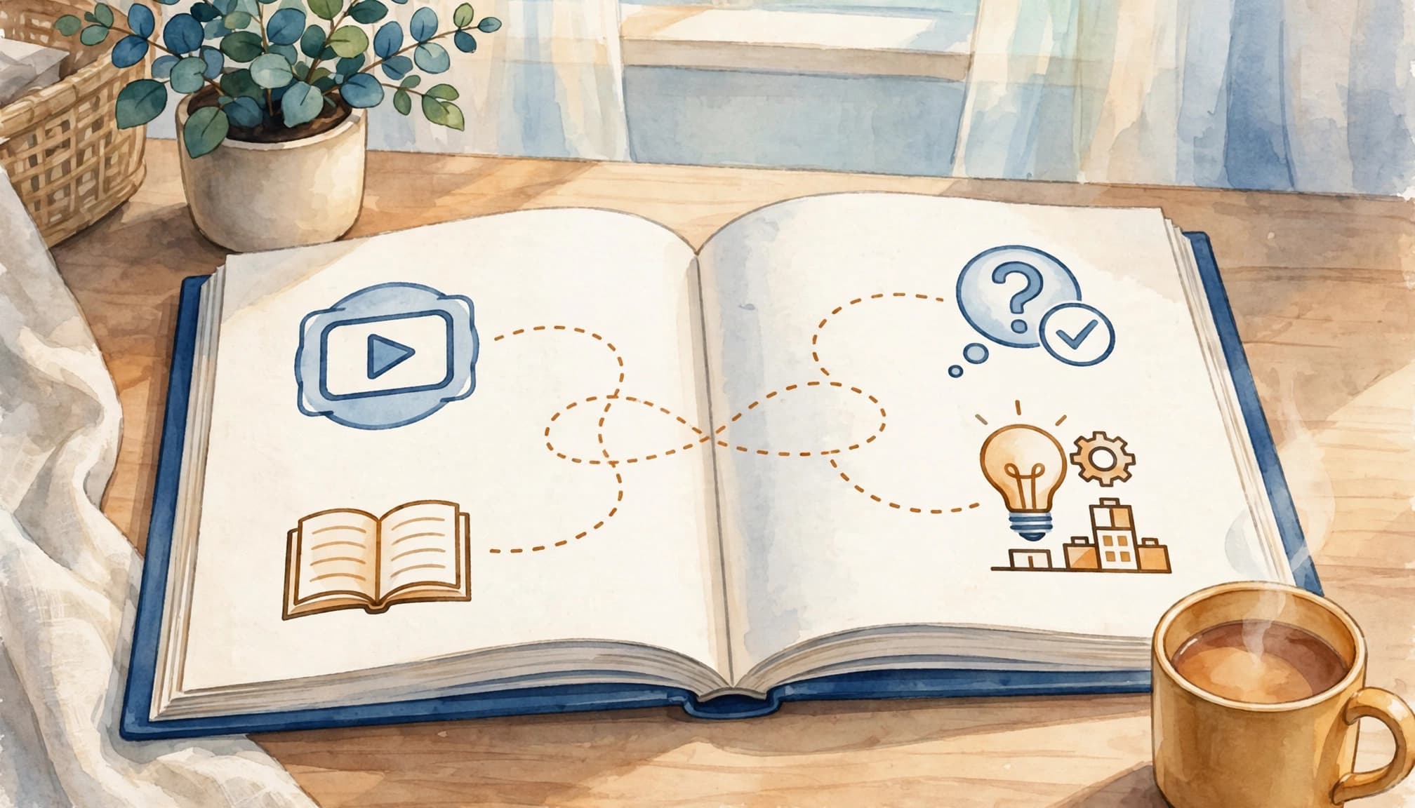 An open illustrated book on a desk with connected learning symbols like a video play button, a book, a question mark, and a lightbulb.