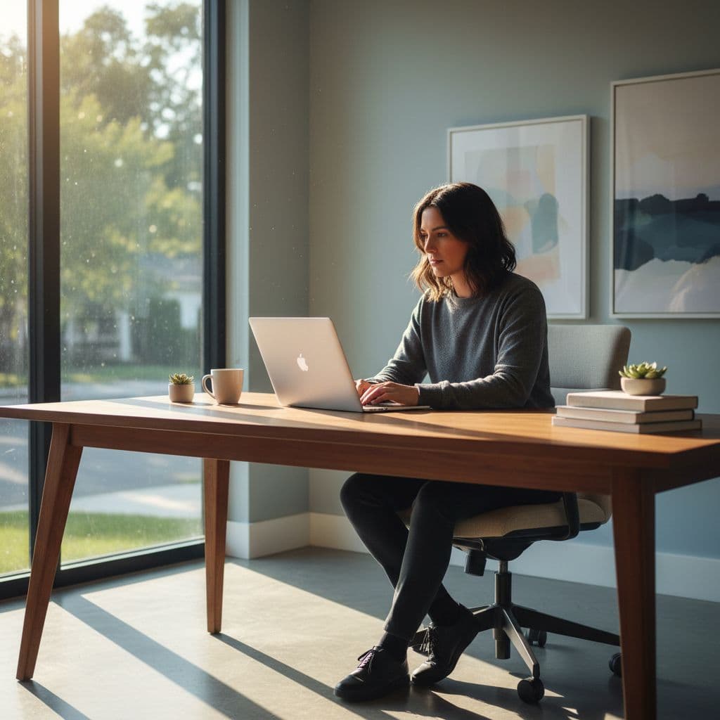 A person sits at a desk looking intently at a laptop screen in a sunlit home office.
