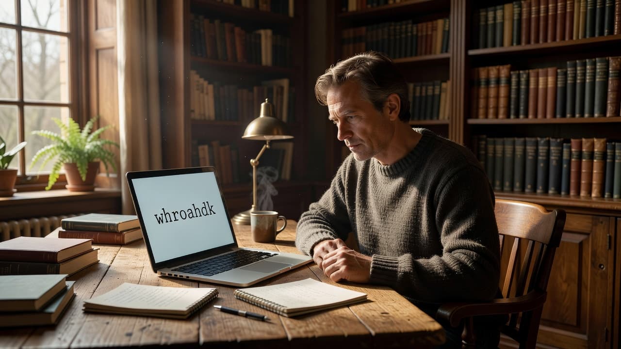 A person intently viewing a laptop screen while sitting at a wooden desk.