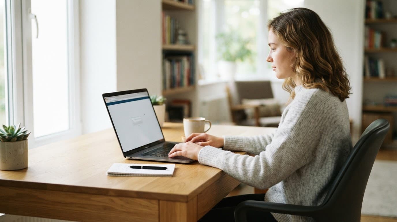 A student uses a laptop at a wooden desk in a bright modern room.