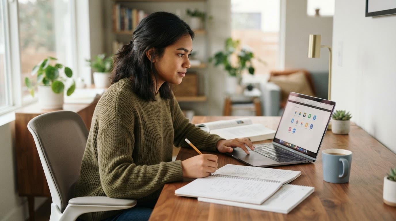 Student using a laptop at a wooden desk with school notebooks.