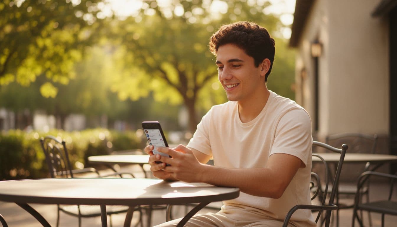 Young adult sits at outdoor cafe table with relaxed smile, holding smartphone showing vague social media profile grid.