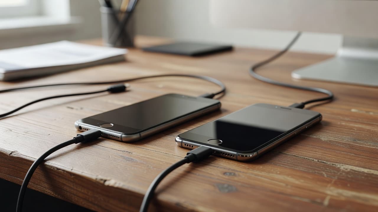 An older iPhone and a new model lie side by side on a polished wooden desk, linked by USB-C data cables to illustrate the seamless digital transfer process between mobile devices.