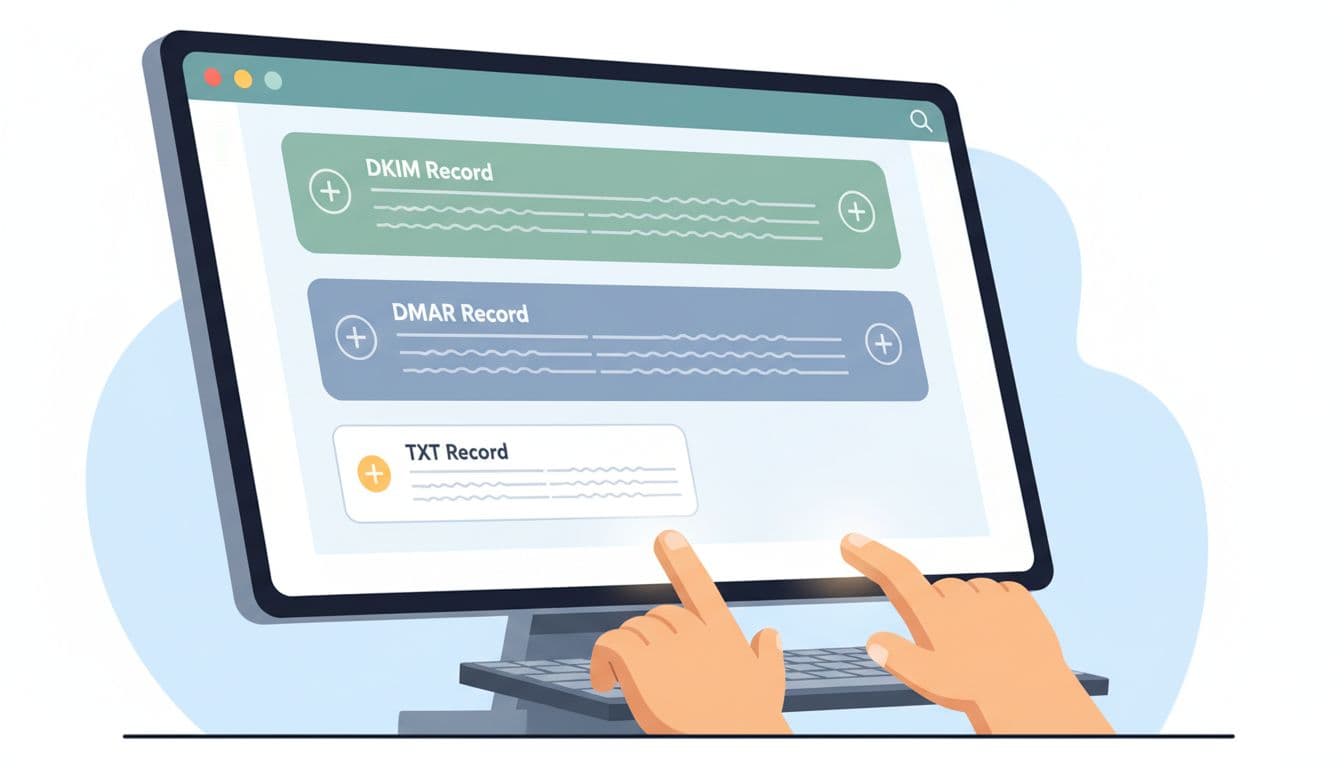 Modern illustration featuring a close-up of a DNS management panel on a computer screen displaying DKIM and DMARC records being added by a pair of hands typing. Clean shapes, controlled color palette, simple background, bright even lighting, and exactly one device with no readable text or extra objects.