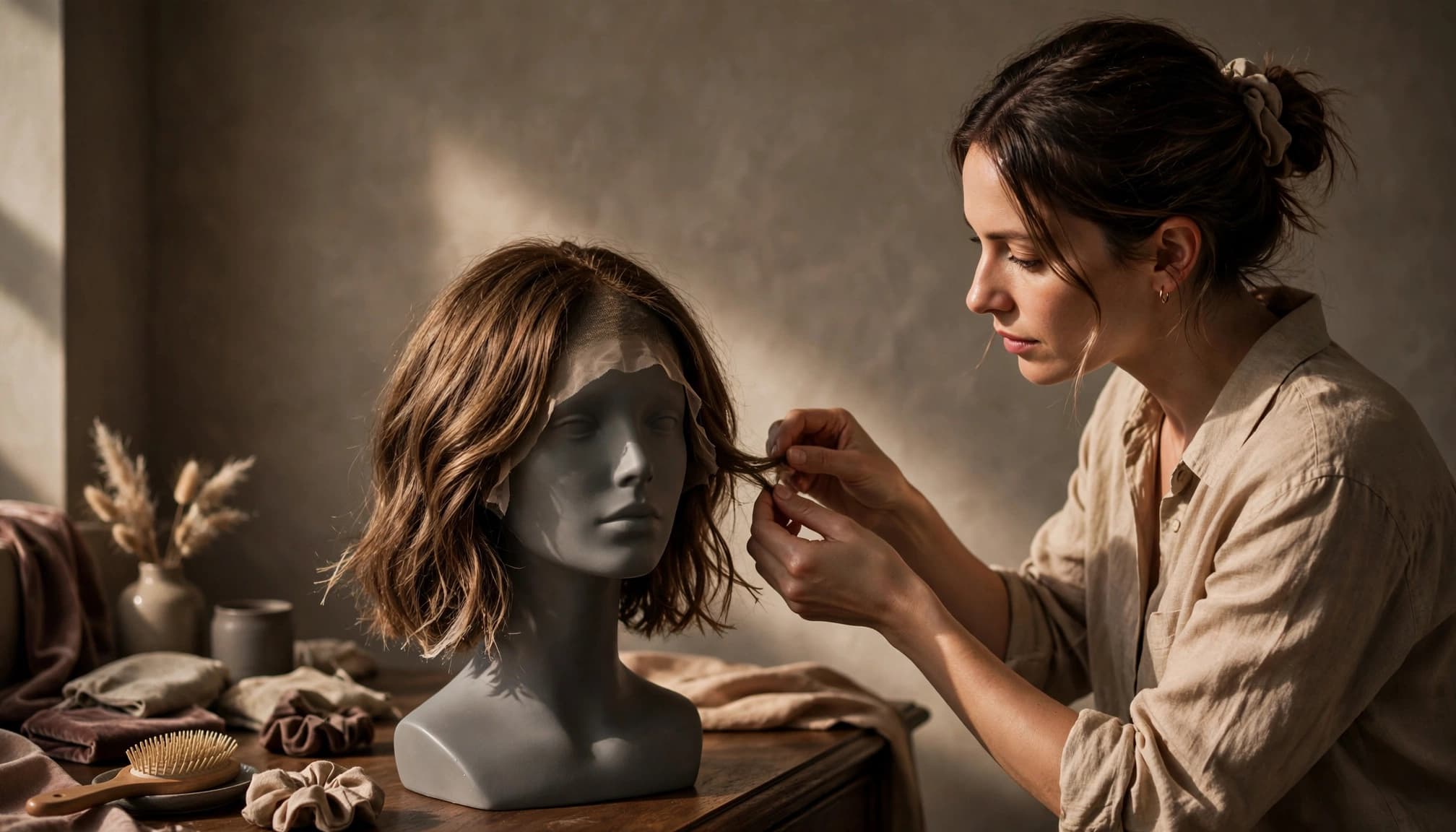 A woman checks the ends of a shoulder-length wig on a mannequin head.