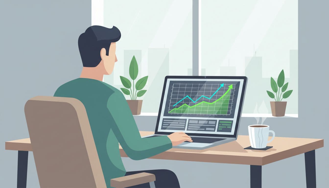 Modern illustration of a person at a desk analyzing rising trend graphs for tech startups on a laptop screen in a clean office with coffee mug nearby.