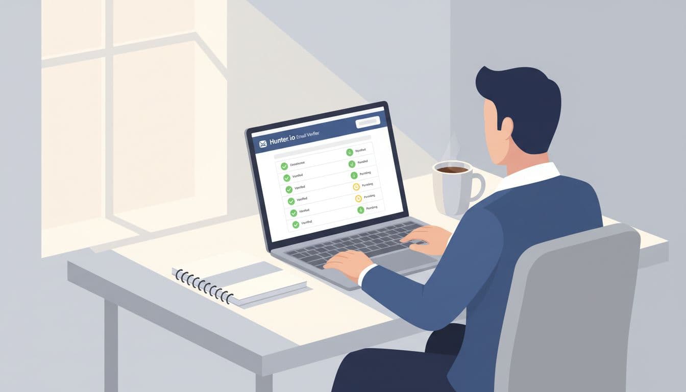 A professional analyst seated at a tidy workstation with a laptop open to the Hunter.io Email Verifier tool, showing a column of emails with green verified checkmarks and pending statuses, notebook and coffee mug on desk, modern illustration style.