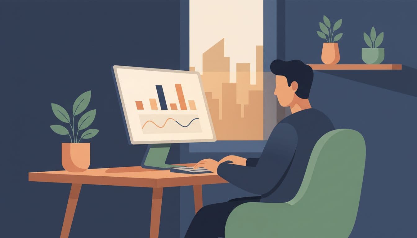 Modern illustration of a person in a home office reviewing Stripe Sigma query results for refunds on a laptop screen, with relaxed hands on keyboard and warm lighting.