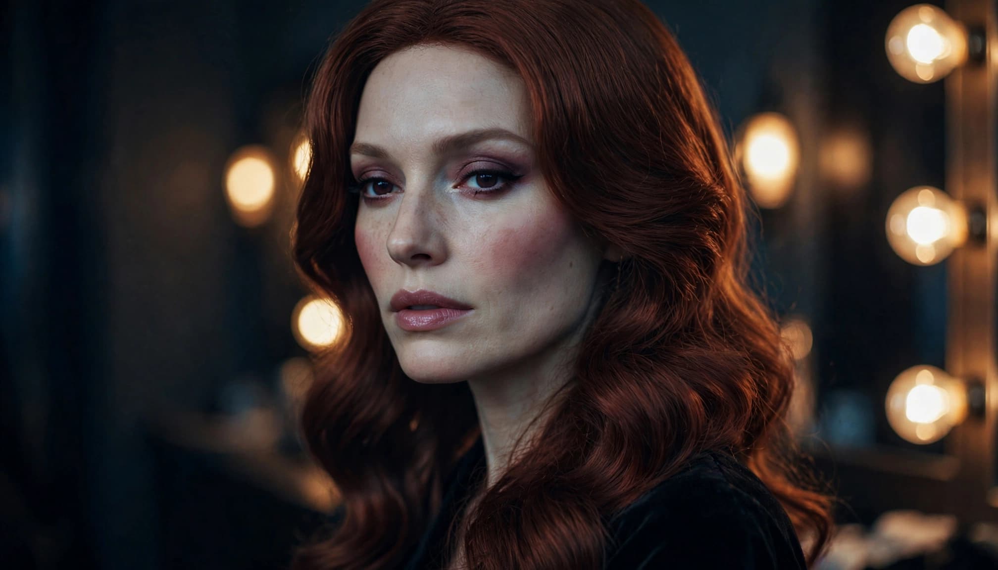A woman with auburn hair and berry makeup in a softly lit dressing room.