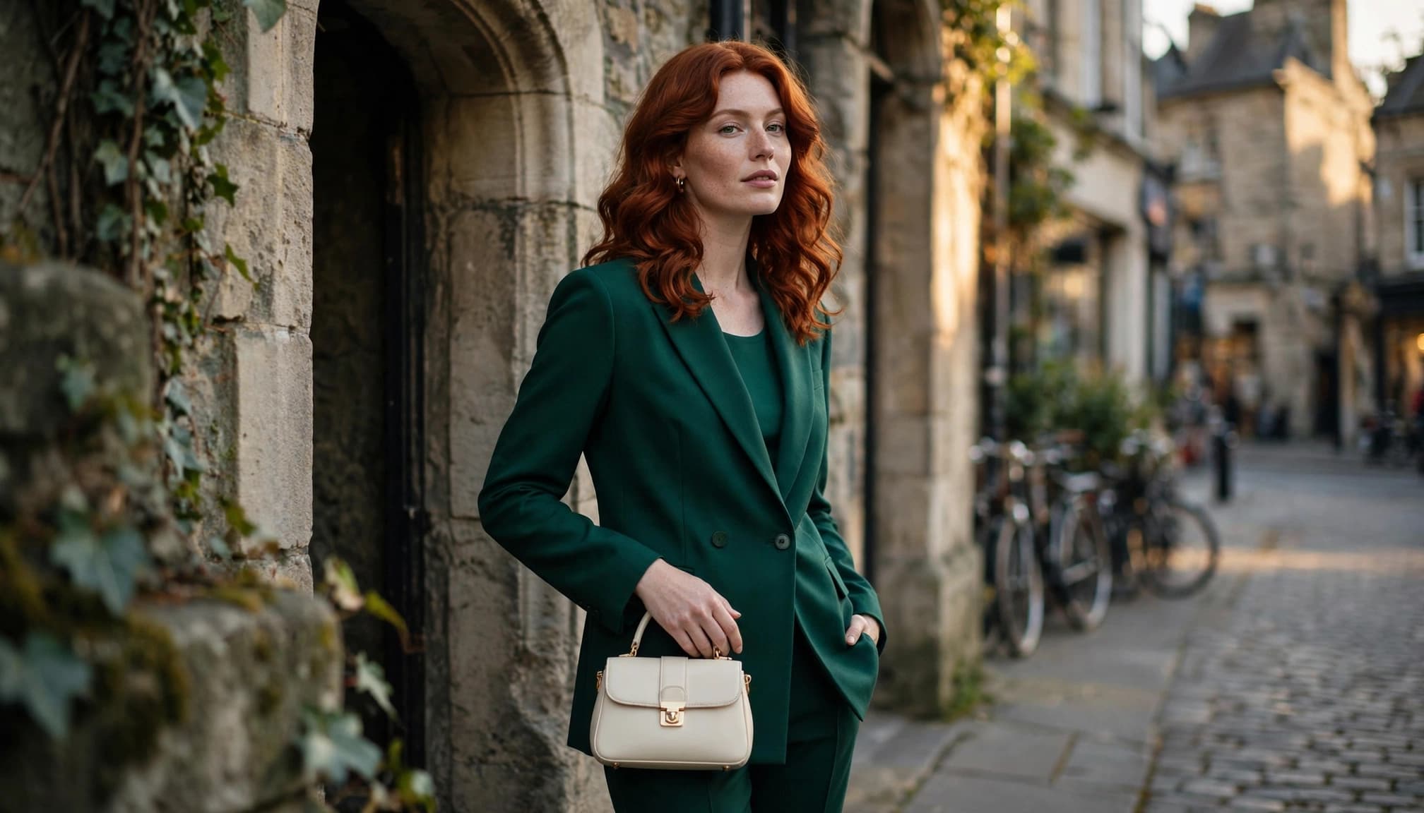 A woman in an auburn wig and emerald outfit carries a cream handbag by a stone doorway.
