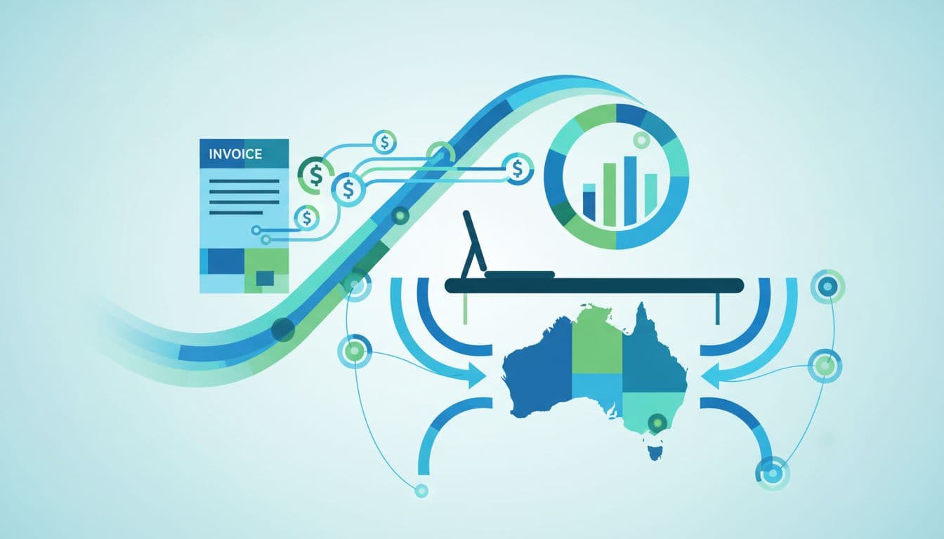 Modern illustration showing AUD currency icons flowing from an invoice to a business chart on a desk, with payment arrows linking the Australian map to global network nodes in blue and green tones.