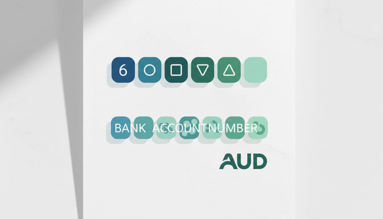 Modern illustration with clean shapes in blue and green tones, featuring abstract icons for 6-digit BSB code, bank account number, and AUD symbol arranged as a local transfer receipt on a clean surface with soft shadows.
