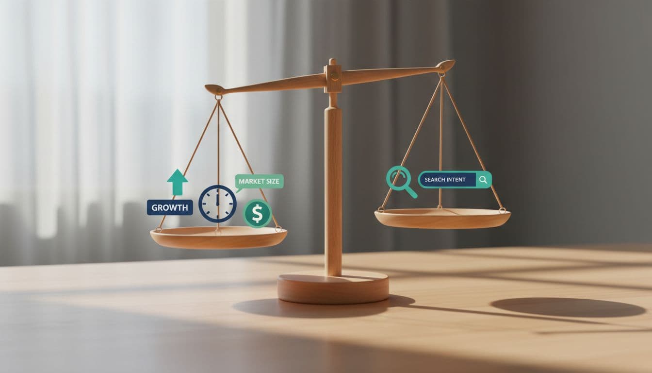 Modern illustration of balanced scales holding icons for trend factors like growth arrow, timing clock, market size dollar, and competition magnifying glass, on a wooden desk with soft light in blue-green palette.