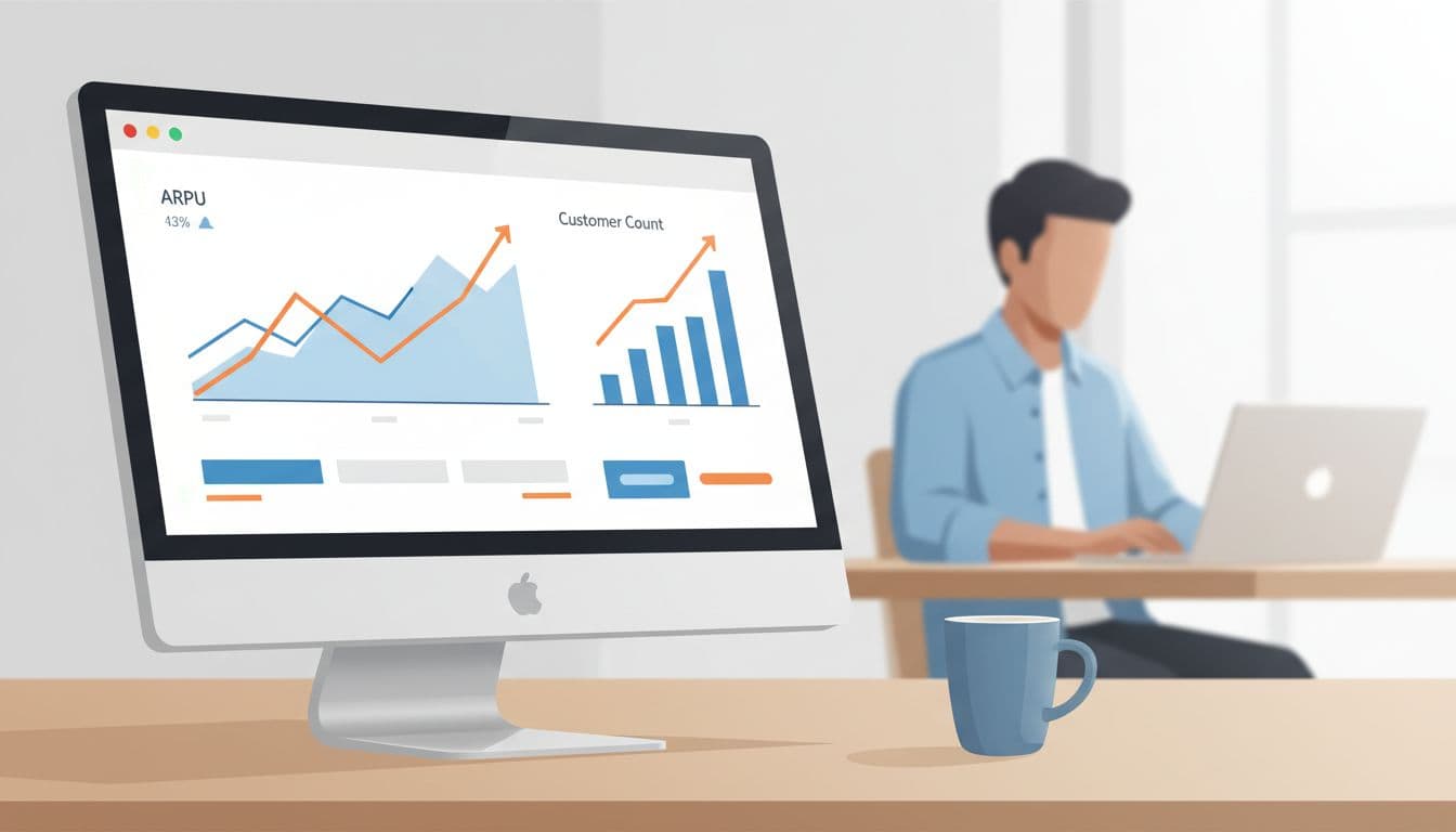 Modern illustration of Baremetrics dashboard on a laptop screen showing upward-trending ARPU line graph and customer count chart, on a wooden desk with coffee mug and focused professional in background.