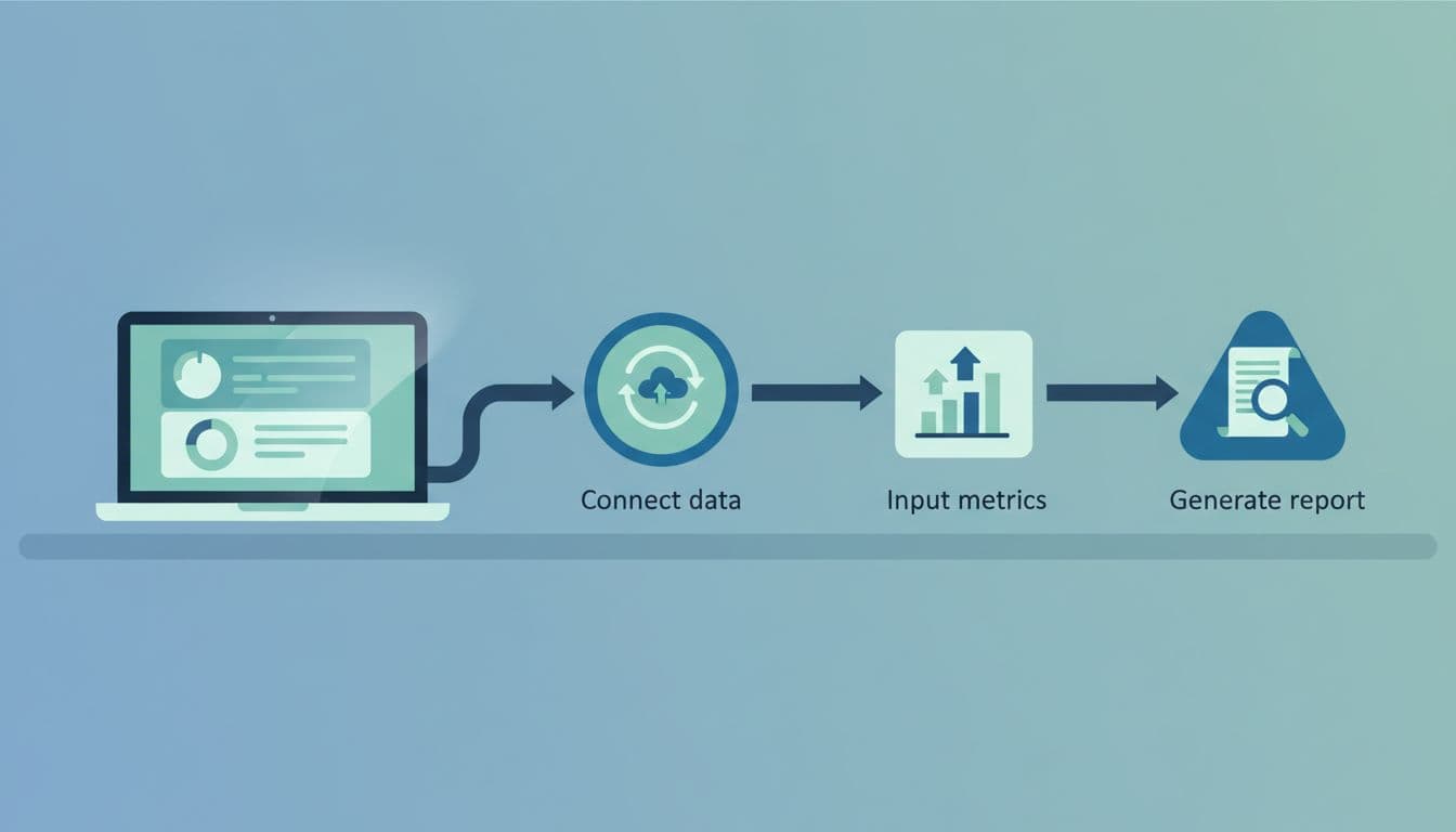 Modern illustration of step-by-step workflow for setting up a Baremetrics calculator, with icons for connect data, input metrics, generate report in a flowchart on a desk with laptop, blue-green palette, clean shapes.
