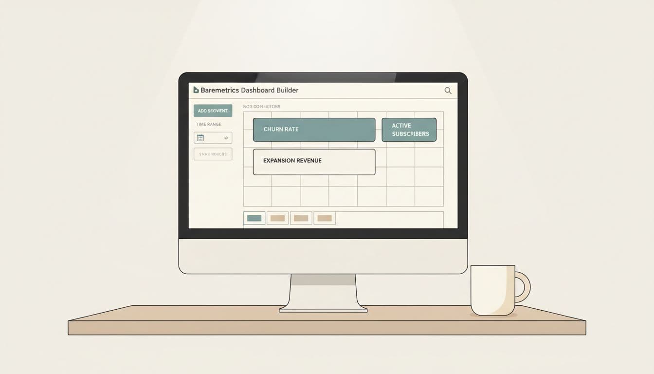 Modern illustration of a desktop screen showing the Baremetrics dashboard builder with drag-and-drop widgets for metrics like churn and expansion, segments, and time range selector, in a simple workspace with a coffee mug.