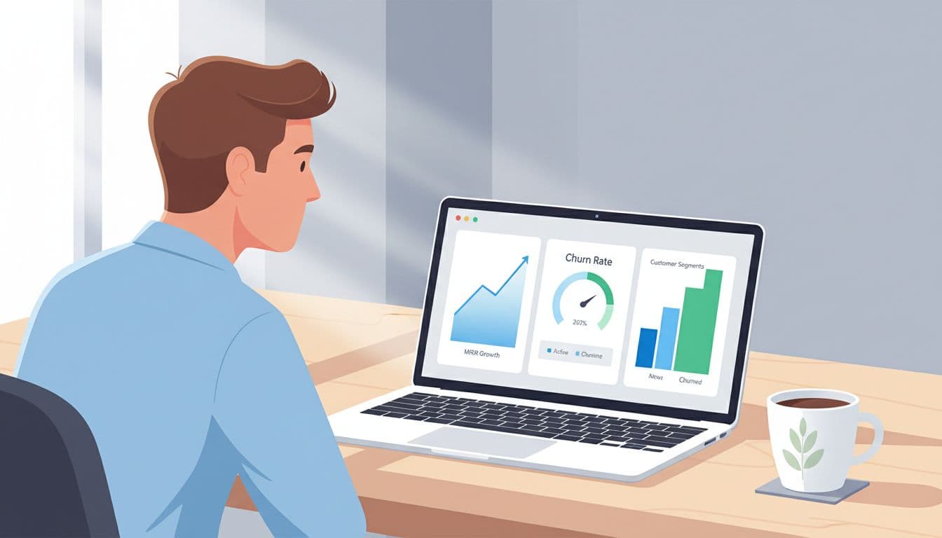 Modern illustration of a clean Baremetrics dashboard on a laptop screen in an office desk setting, displaying MRR growth chart, churn rate gauge, and customer segments, viewed from side angle by one person with coffee mug nearby.