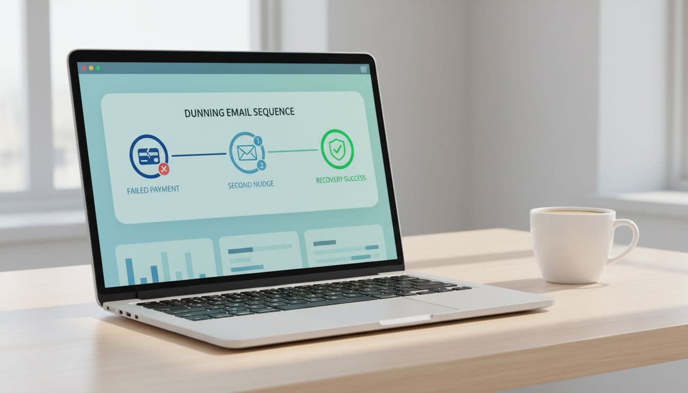Modern illustration of a Baremetrics subscription dashboard on a laptop screen showing the dunning email timeline with icons for failed payment, reminders, and recovery success, set on a clean office desk with a coffee mug under soft lighting.