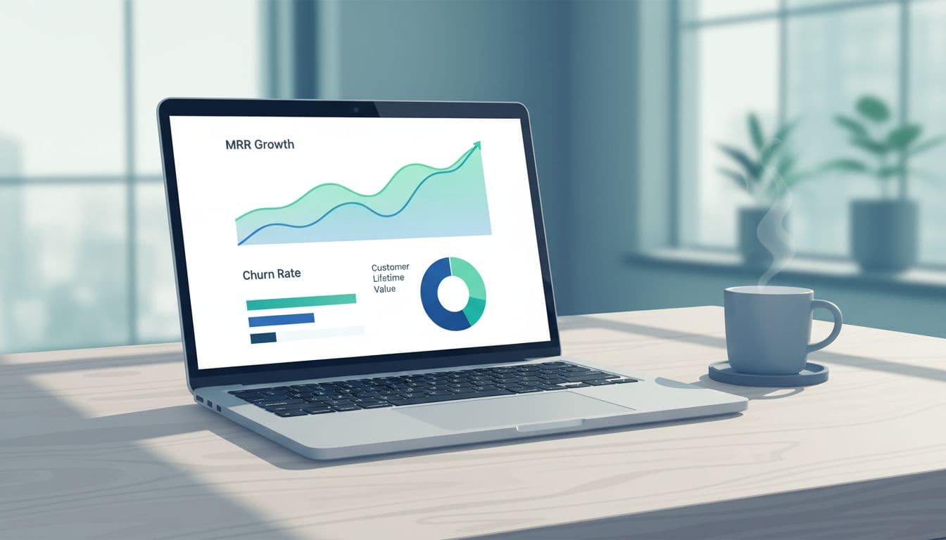 Modern illustration in blues and greens of a Baremetrics analytics dashboard on a laptop screen in an office desk with coffee mug, showing MRR growth, churn rate, and customer lifetime value charts under natural lighting.