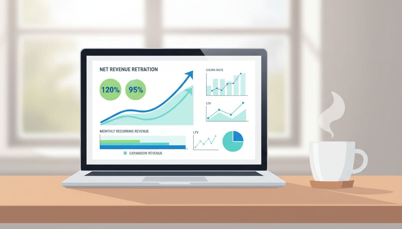 Modern illustration of a clean SaaS analytics dashboard displaying net revenue retention charts and metrics graphs in blue and green tones on a laptop screen, set on a simple desk with a coffee mug.