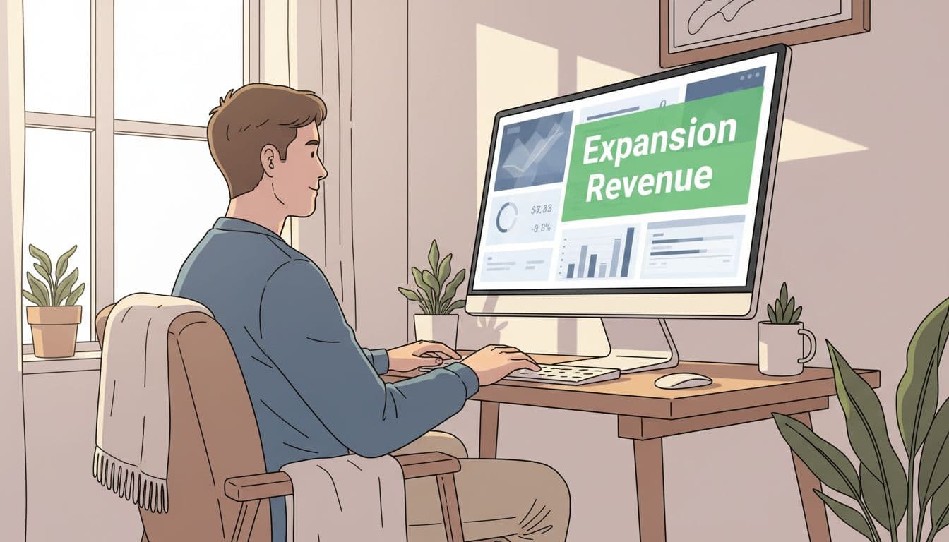 Modern illustration of a relaxed person at a desk in a cozy home office, viewing Baremetrics metrics on a monitor with revenue expansion highlighted, in a clean style with natural light.