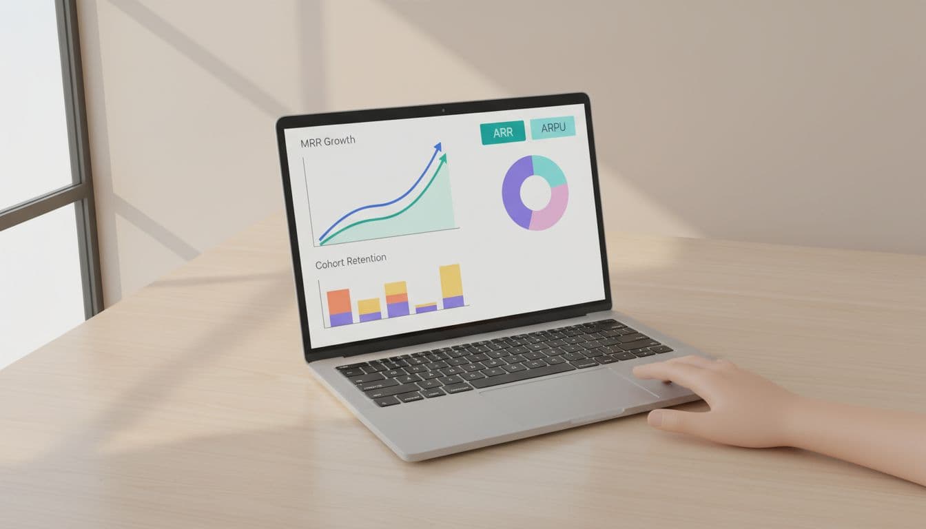 Modern illustration of a sleek laptop on a modern office desk displaying Baremetrics dashboard with MRR growth line chart, cohort retention bar chart, churn breakdown pie chart, and ARR/ARPU metric cards. Soft natural lighting from top-down slight angle view with neutral background.