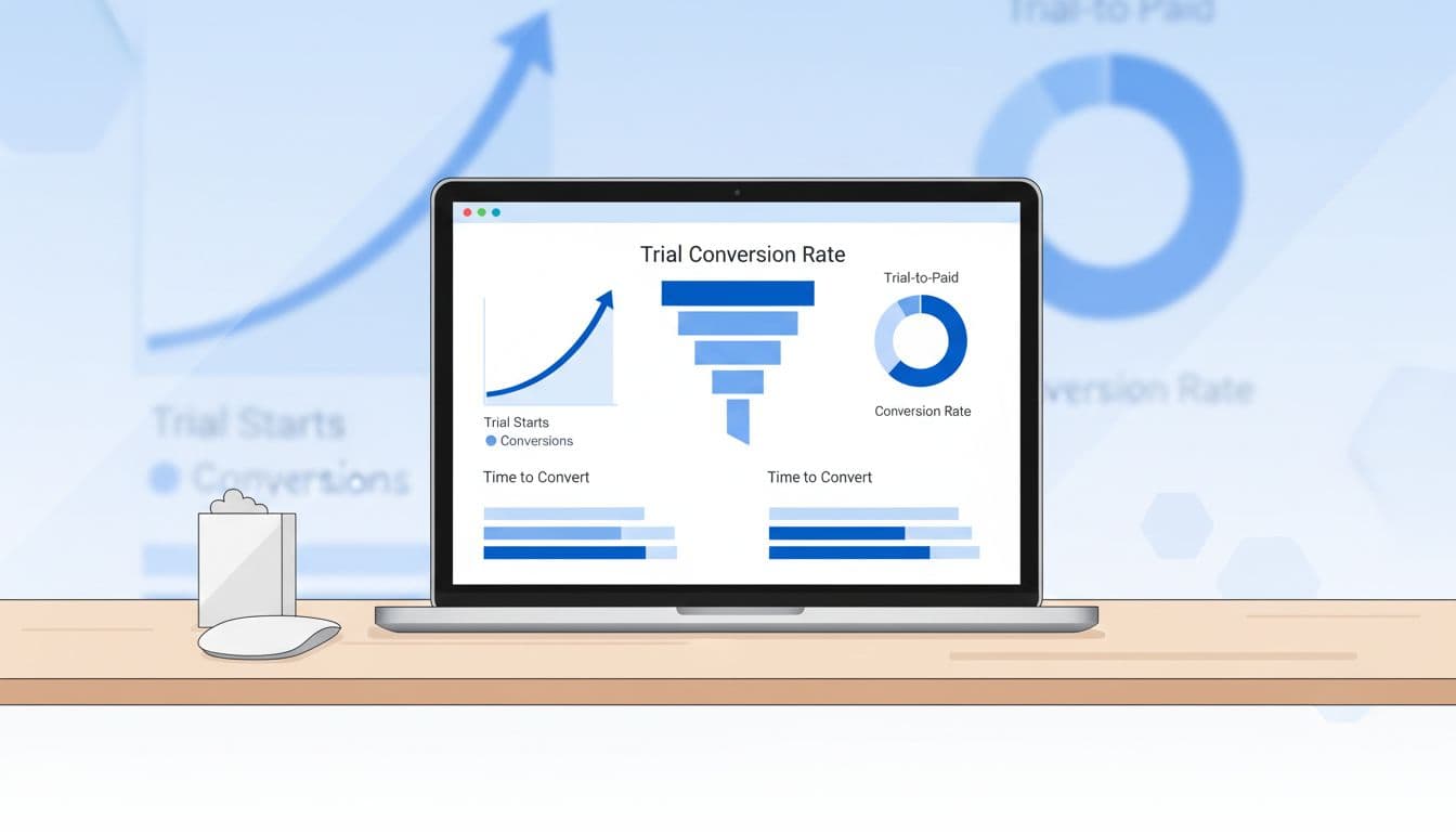 Modern illustration of Baremetrics Trial Insights dashboard on a laptop screen, featuring clean blue and white charts for trial metrics and conversion rate funnel in a desk setting.