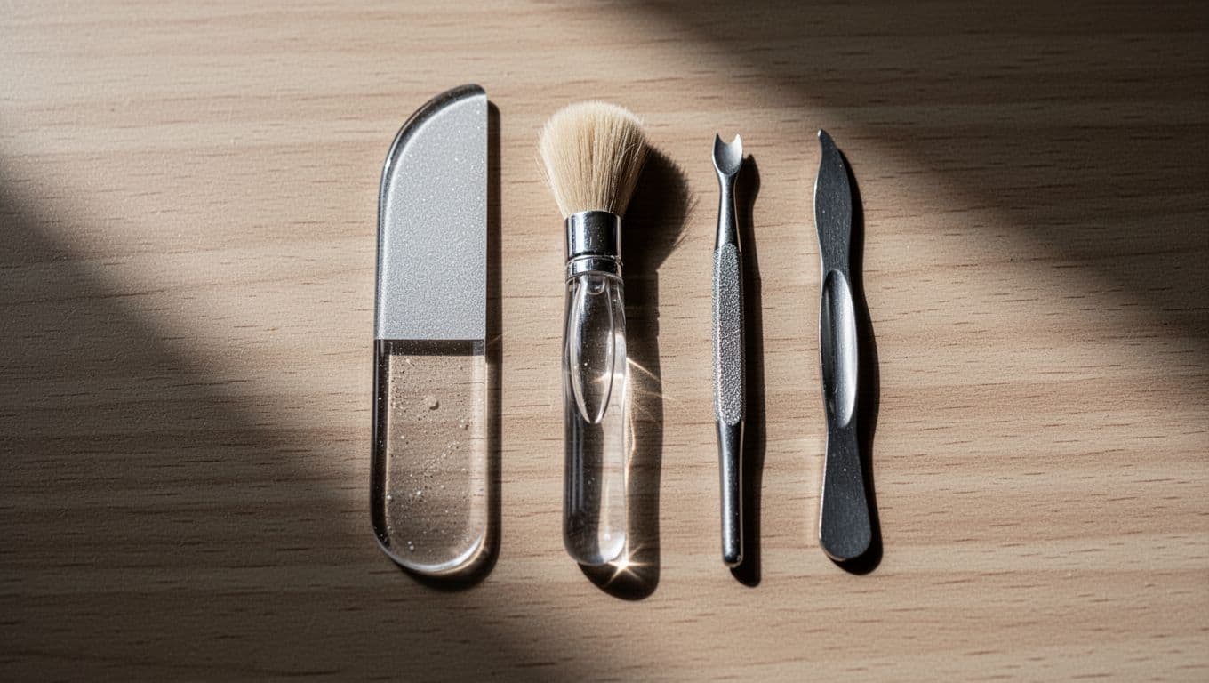 A glass nail file, nail brush, and cuticle pusher arranged on a wooden tabletop.