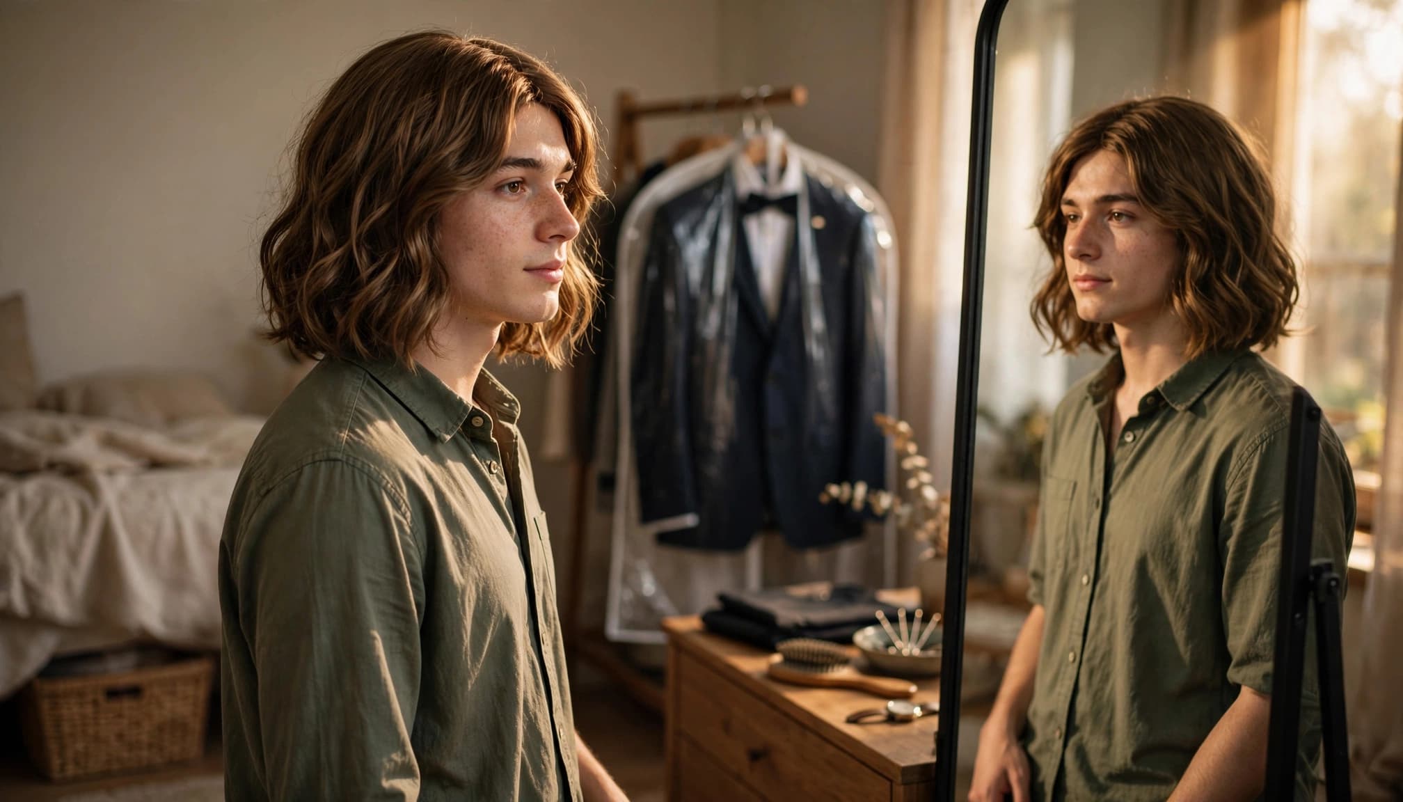 A young adult checks a wavy wig in a bedroom mirror before a formal event.