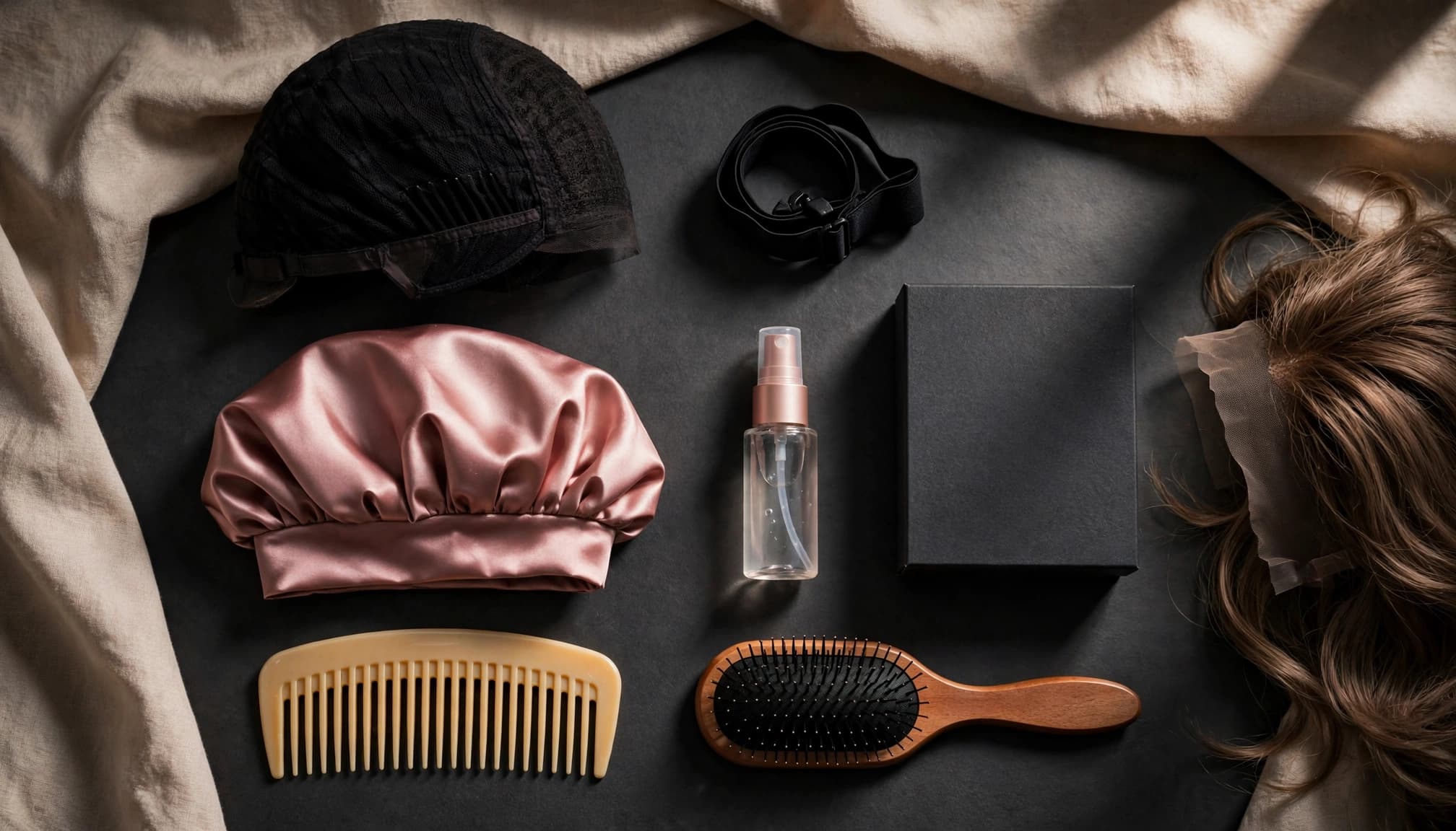 Wig accessories arranged beside one lace-front wig on a dark studio surface.